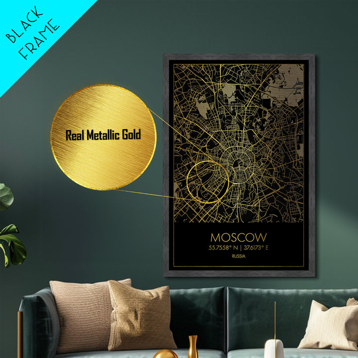 Moscow Russia City street map, Metallic Gold Print, Metal Art, wood framed map, black and gold, Gold Street Map Art, Modern Wall Art