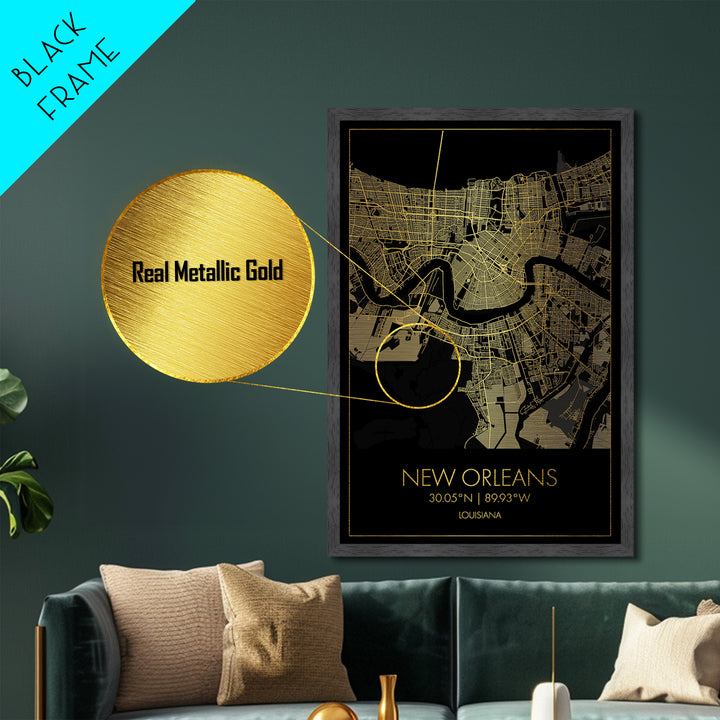 New Orleans Louisiana City street map, Metallic Gold Print, Metal Art, wood framed map, black and gold, Gold Street Map Art, Modern Wall Art