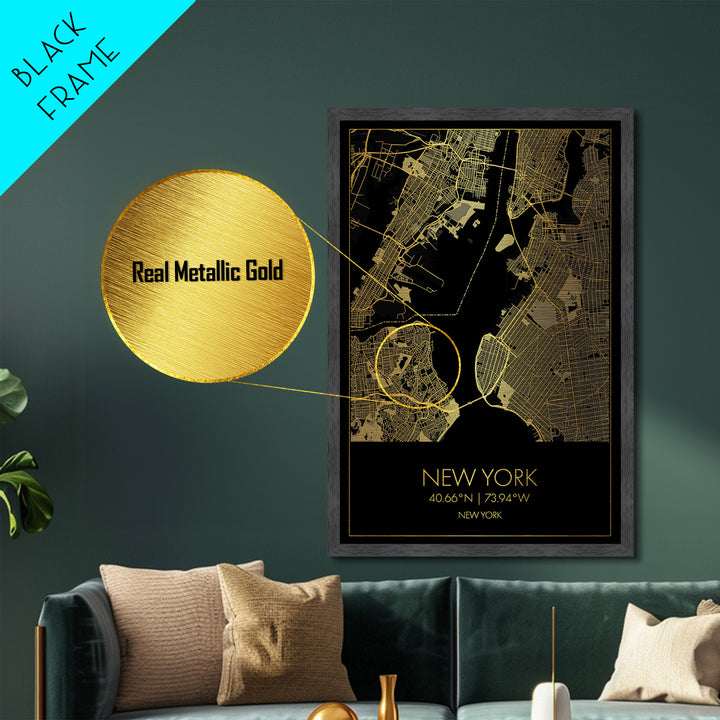 New York New York City street map, Metallic Gold Print, Metal Art, wood framed map, black and gold, Street Map Art, Office Decor