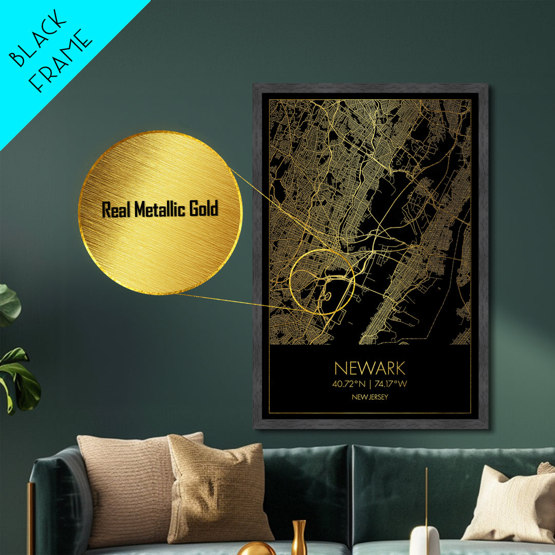 Newark New Jersey City Poster, Metallic Gold Art, Metal Art, real wood frames, black and gold, Map Art, Best Friend Gifts
