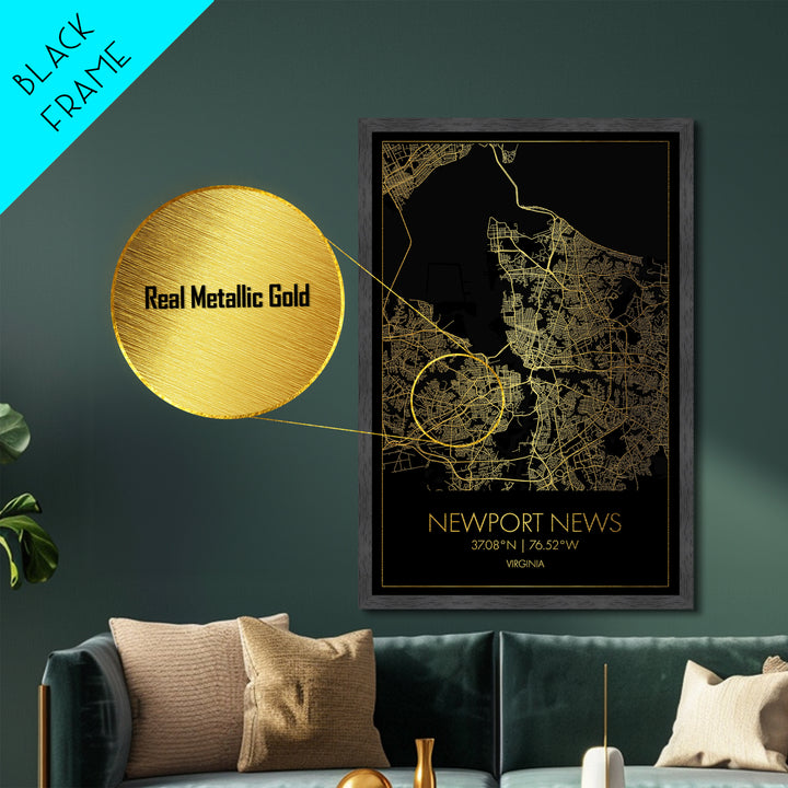 Newport News Virginia City Poster, Metallic Gold Art, Metal Art, real wood frames, black and gold, Minimalist Wall Art, Map Print Poster
