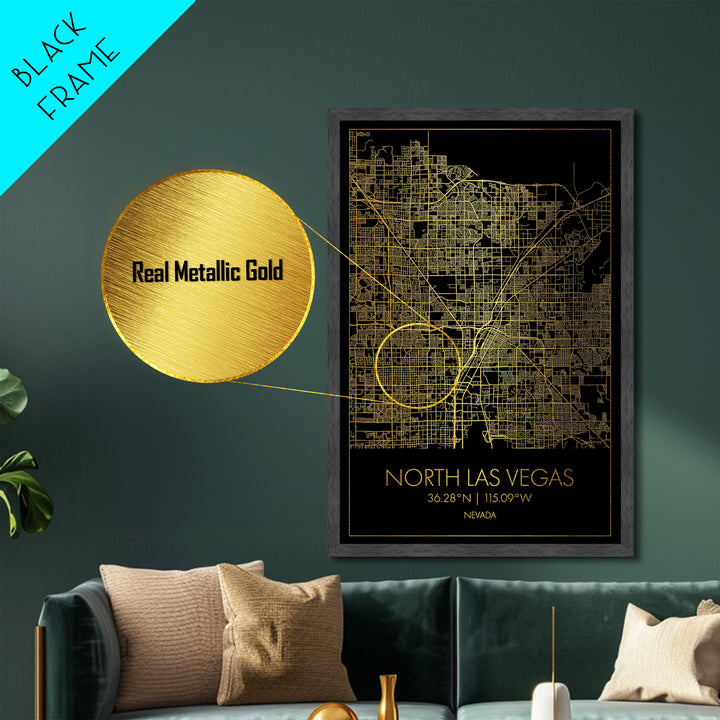 North Las Vegas Nevada map, Metallic Gold Print, Metal Art, wood framed map, black and gold, Gold Street Map Art, Modern Wall Art