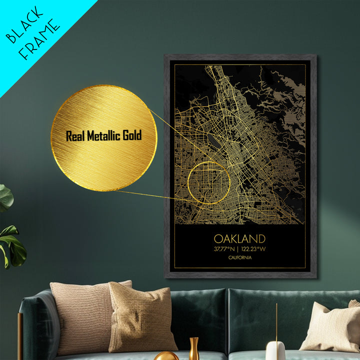 Oakland California City Poster, Metallic Gold Art, Metal Art, real wood frames, black and gold, Minimalist Wall Art, Map Print Poster