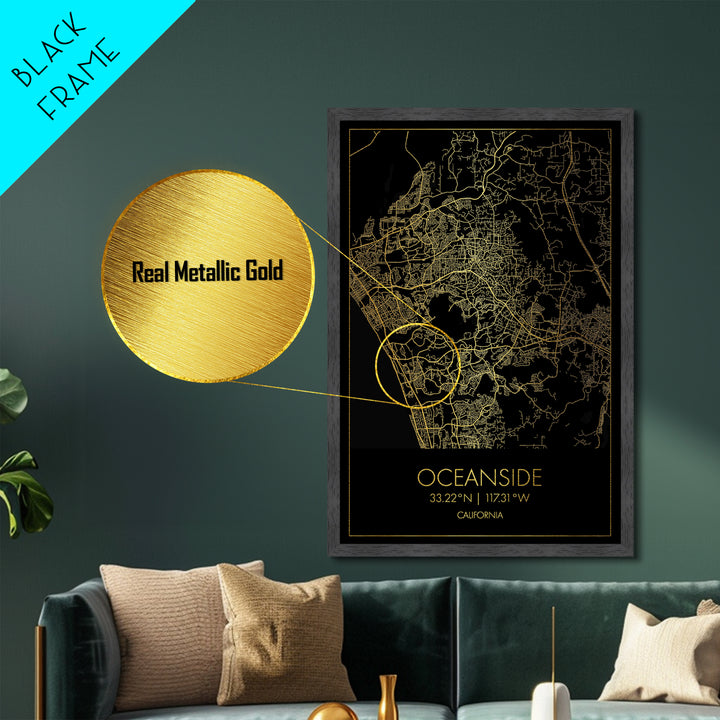 Oceanside California City street map, Metallic Gold Print, Metal Art, wood framed map, black and gold, Street Map Art, Office Decor