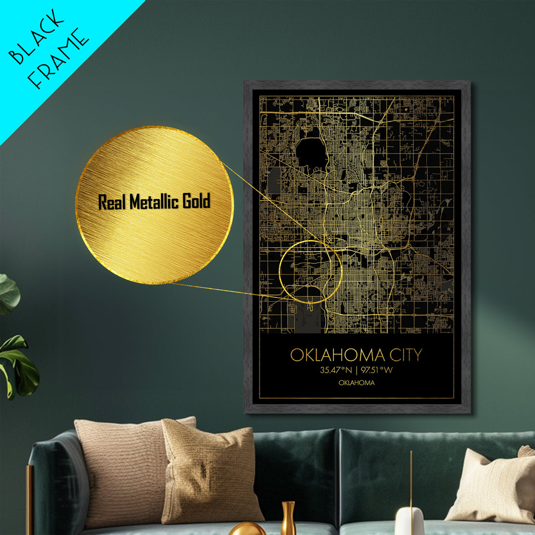 Oklahoma City Oklahoma City Poster, Metallic Gold Art, Metal Art, real wood frames, black and gold, Map Art, Best Friend Gifts