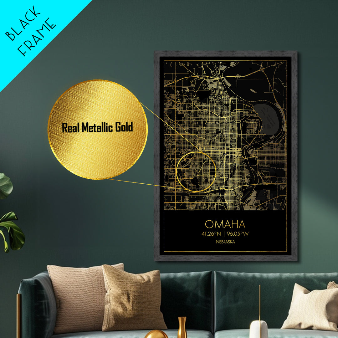 Omaha Nebraska City street map, Metallic Gold Print, Metal Art, wood framed map, black and gold, Gold Street Map Art, Modern Wall Art