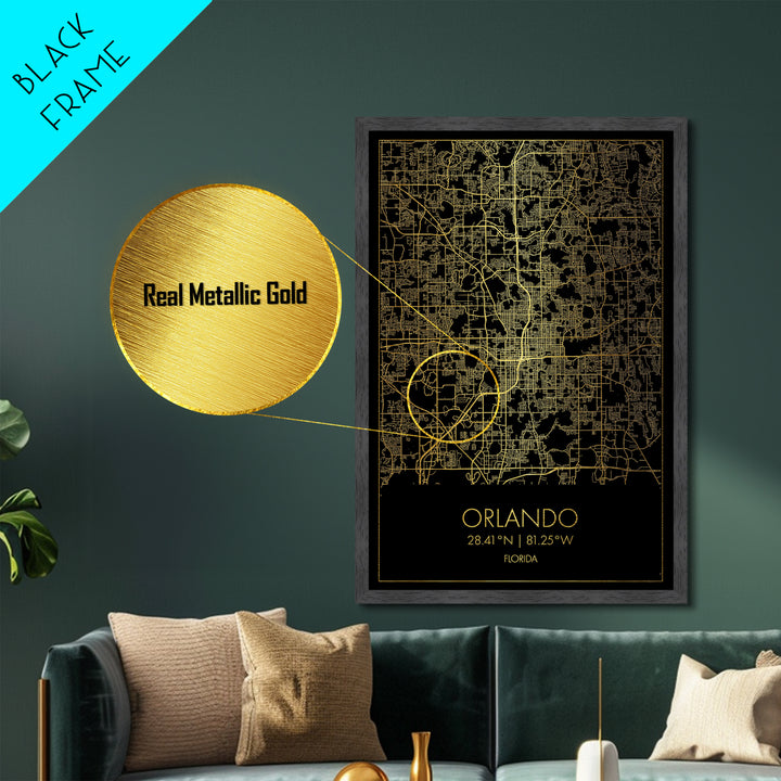 Orlando Florida City street map, Metallic Gold Print, Metal Art, wood framed map, black and gold, Street Map Art, Office Decor