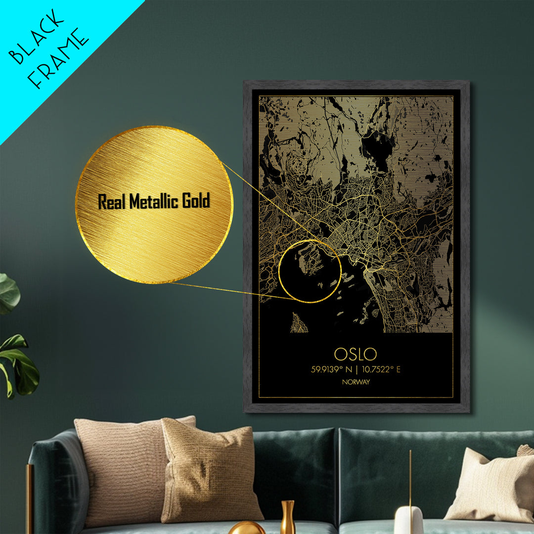 Oslo Norway City Poster, Metallic Gold Art, Metal Art, real wood frames, black and gold, Map Art, Best Friend Gifts