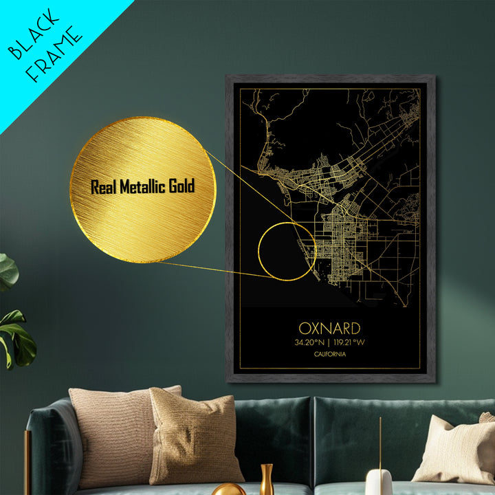 Oxnard California City Poster, Metallic Gold Art, Metal Art, real wood frames, black and gold, Minimalist Wall Art, Map Print Poster