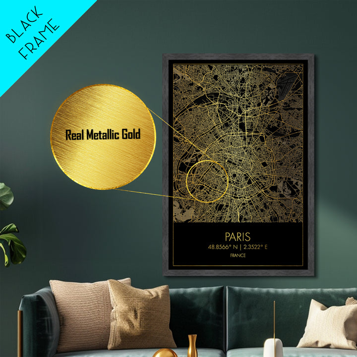 Paris France City street map, Metallic Gold Print, Metal Art, wood framed map, black and gold, Street Map Art, Office Decor