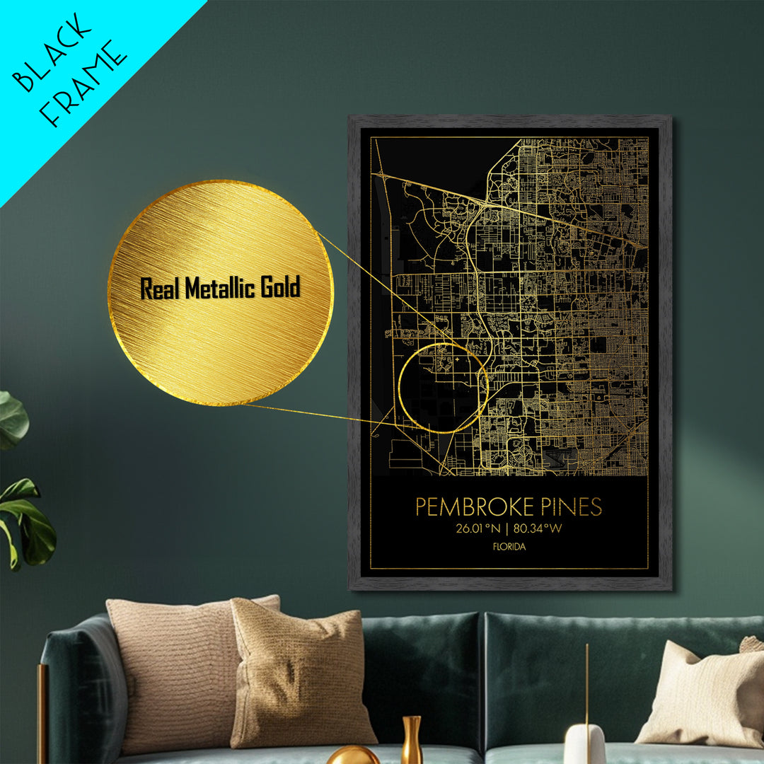 Pembroke Pines Florida City Poster, Metallic Gold Art, Metal Art, real wood frames, black and gold, Map Art, Best Friend Gifts