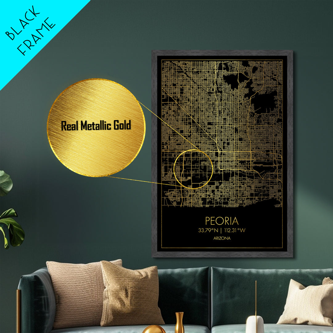 Peoria Arizona City street map, Metallic Gold Print, Metal Art, wood framed map, black and gold, Gold Street Map Art, Modern Wall Art