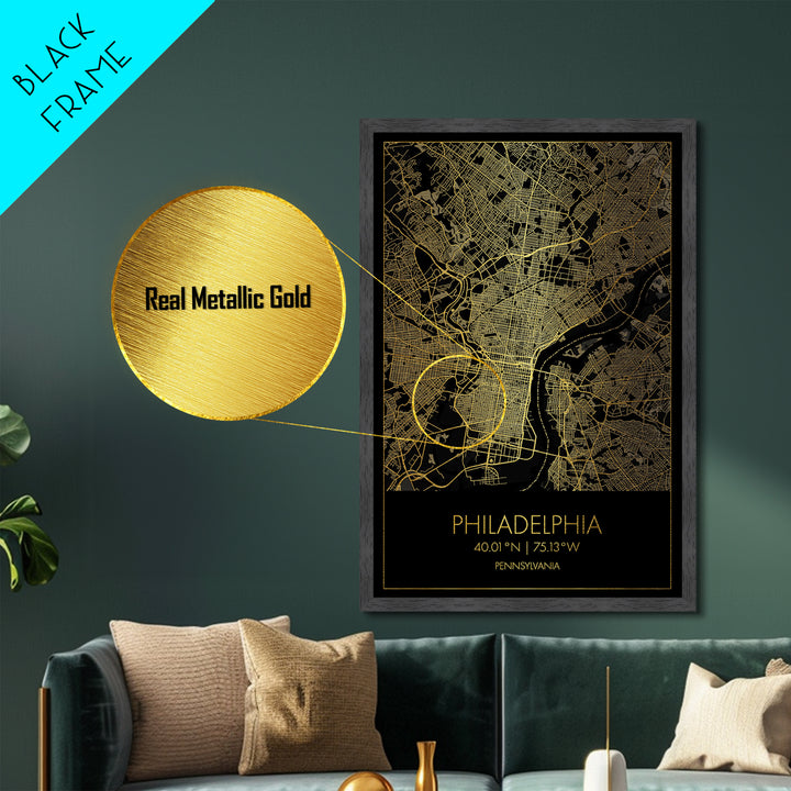 Philadelphia Pennsylvania City Poster, Metallic Gold Art, Metal Art, real wood frames, black and gold, Minimalist Wall Art, Map Print Poster