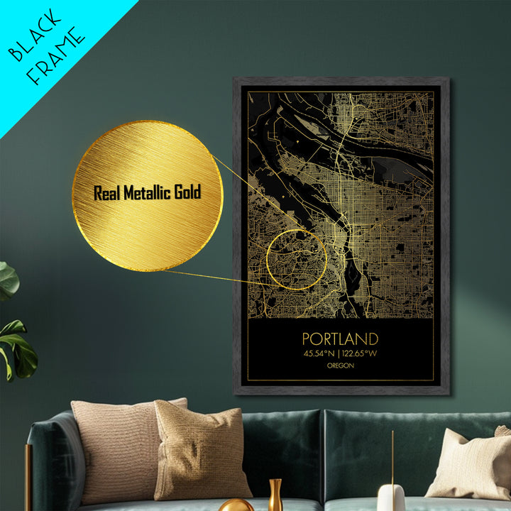 Portland Oregon City street map, Metallic Gold Print, Metal Art, wood framed map, black and gold, Street Map Art, Office Decor