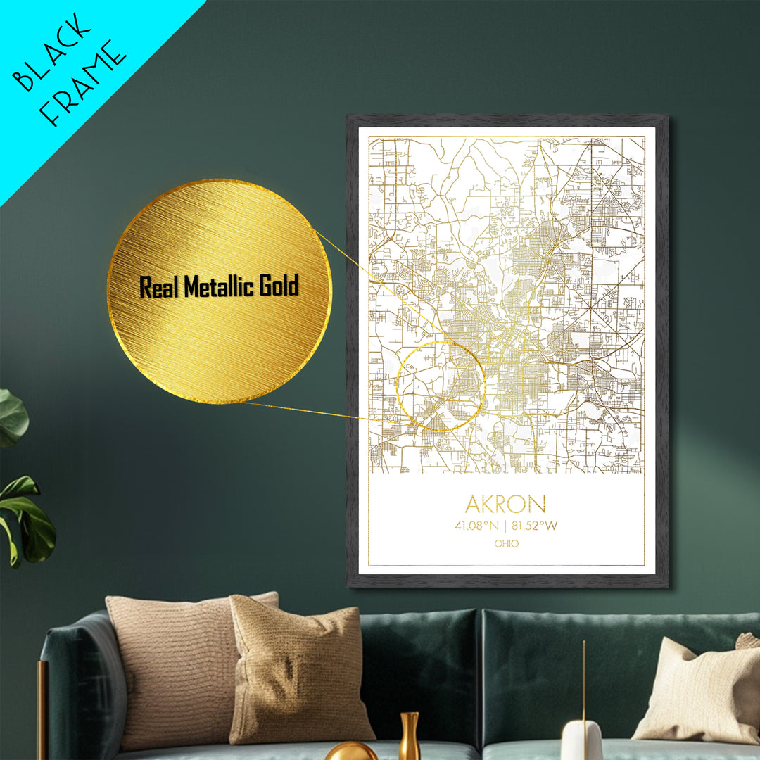 Akron Ohio City Poster, Metallic Gold Art, Metal Art, real wood frames, black and gold, Street Map Art, Modern House Art