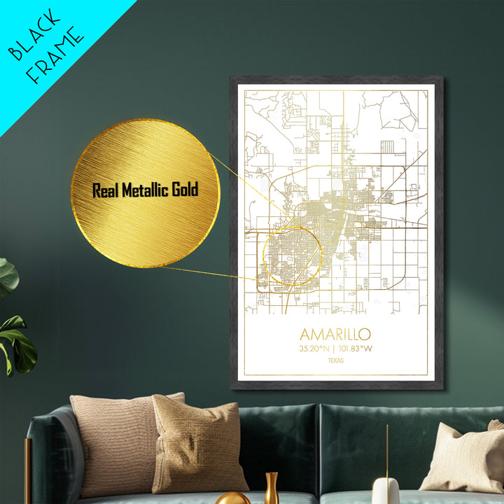 Amarillo Texas City Poster, Metallic Gold Art, Metal Art, real wood frames, black and gold, Map Art, Best Friend Gifts