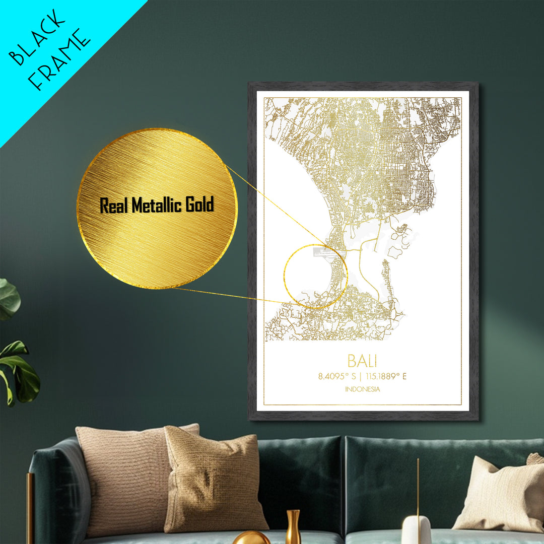 Bali Indonesia City Poster, Metallic Gold Art, Metal Art, real wood frames, black and gold, Map Art, Best Friend Gifts