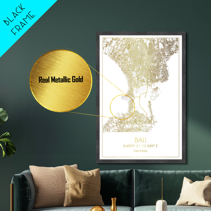 Bali Indonesia City Poster, Metallic Gold Art, Metal Art, real wood frames, black and gold, Map Art, Best Friend Gifts