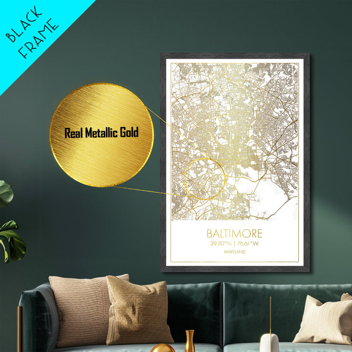 Baltimore Maryland City street map, Metallic Gold Print, Metal Art, wood framed map, black and gold, Gold Street Map Art, Modern Wall Art