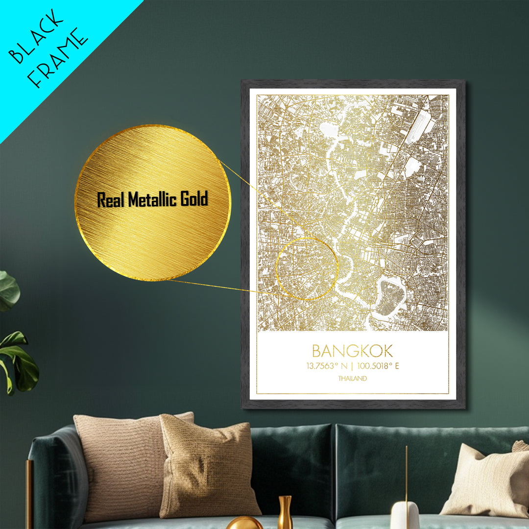 Bangkok Thailand City Poster, Metallic Gold Art, Metal Art, real wood frames, black and gold, Minimalist Wall Art, Map Print Poster