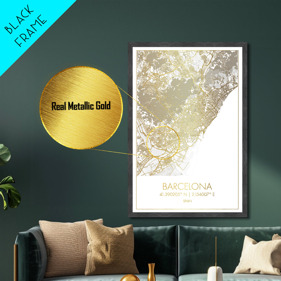 Barcelona Spain City street map, Metallic Gold Print, Metal Art, wood framed map, black and gold, Street Map Art, Office Decor