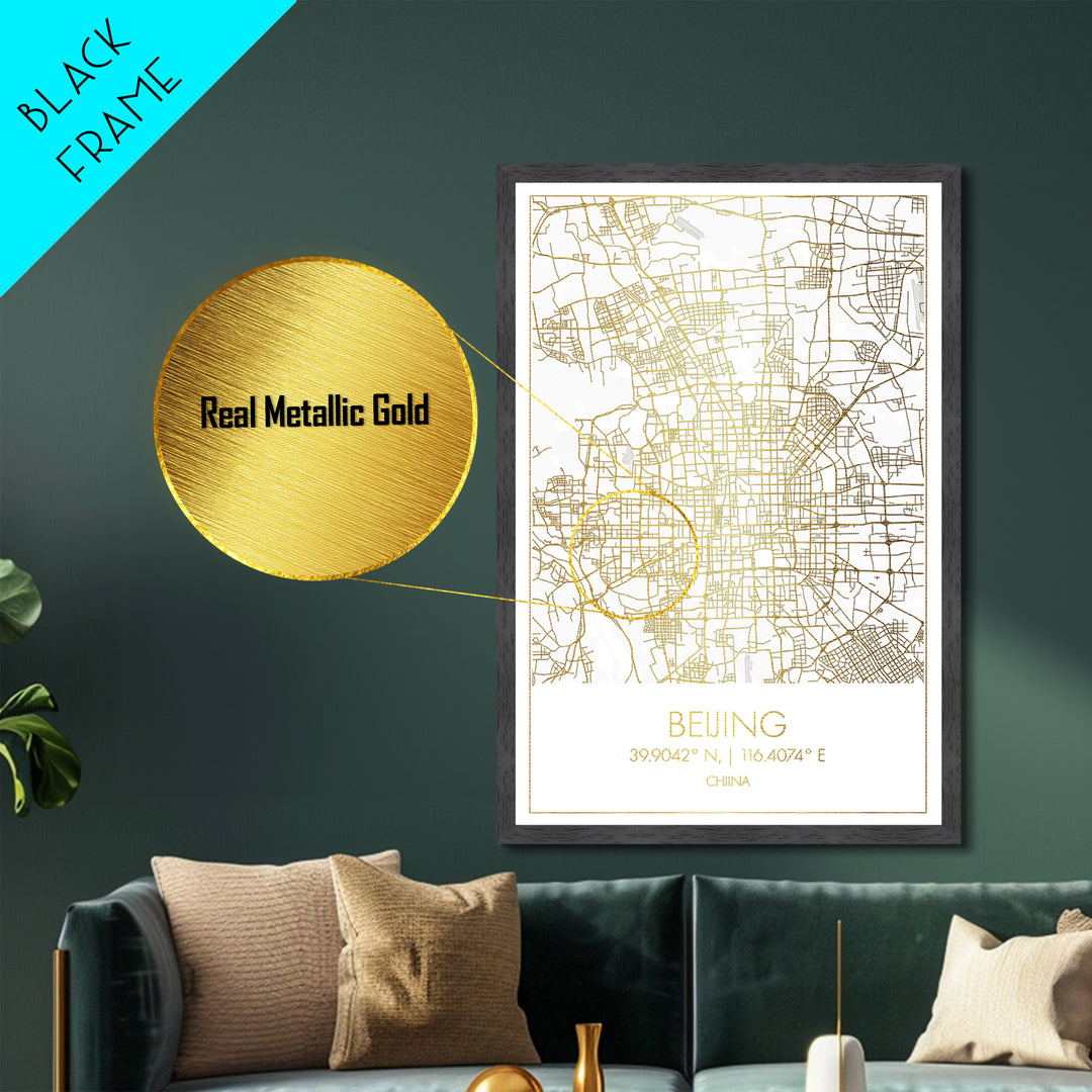 Beijing China City street map, Metallic Gold Print, Metal Art, wood framed map, black and gold, Gold Street Map Art, Modern Wall Art