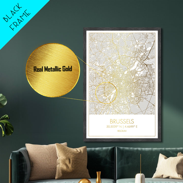 Brussels Belgium City Poster, Metallic Gold Art, Metal Art, real wood frames, black and gold, Map Art, Best Friend Gifts