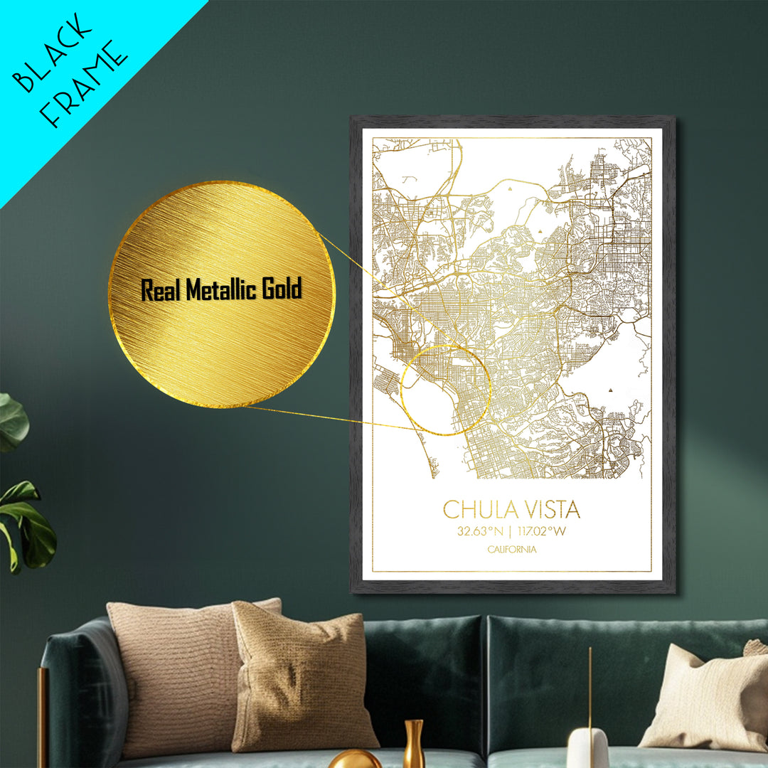 Chula Vista California City Poster, Metallic Gold Art, Metal Art, real wood frames, black and gold, Minimalist Wall Art, Map Print Poster