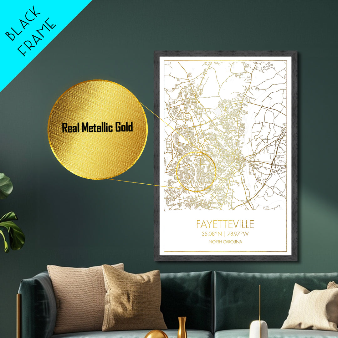 Fayetteville North Carolina City Poster, Metallic Gold Art, Metal Art, real wood frames, black and gold, Map Art, Best Friend Gifts