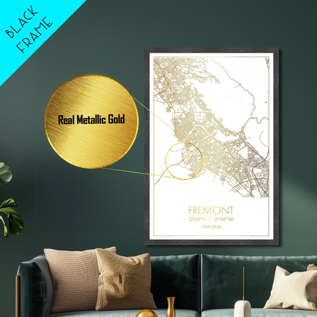 Fremont California City street map, Metallic Gold Print, Metal Art, wood framed map, black and gold, Gold Street Map Art, Modern Wall Art
