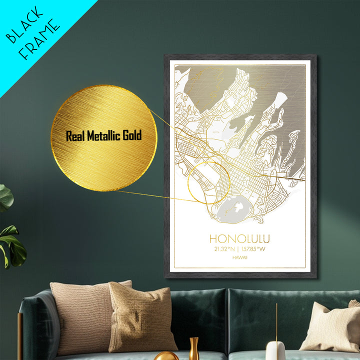 Honolulu Hawaii City Poster, Metallic Gold Art, Metal Art, real wood frames, black and gold, Minimalist Wall Art, Map Print Poster
