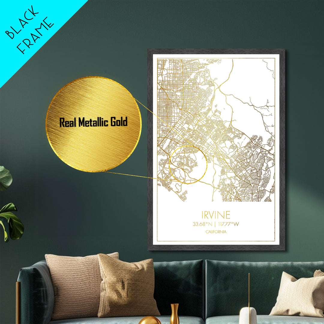 Irvine California City street map, Metallic Gold Print, Metal Art, wood framed map, black and gold, Street Map Art, Office Decor