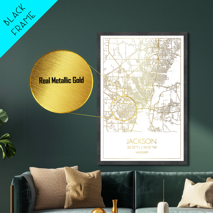 Jackson Mississippi City street map, Metallic Gold Print, Metal Art, wood framed map, black and gold, Street Map Art, Office Decor