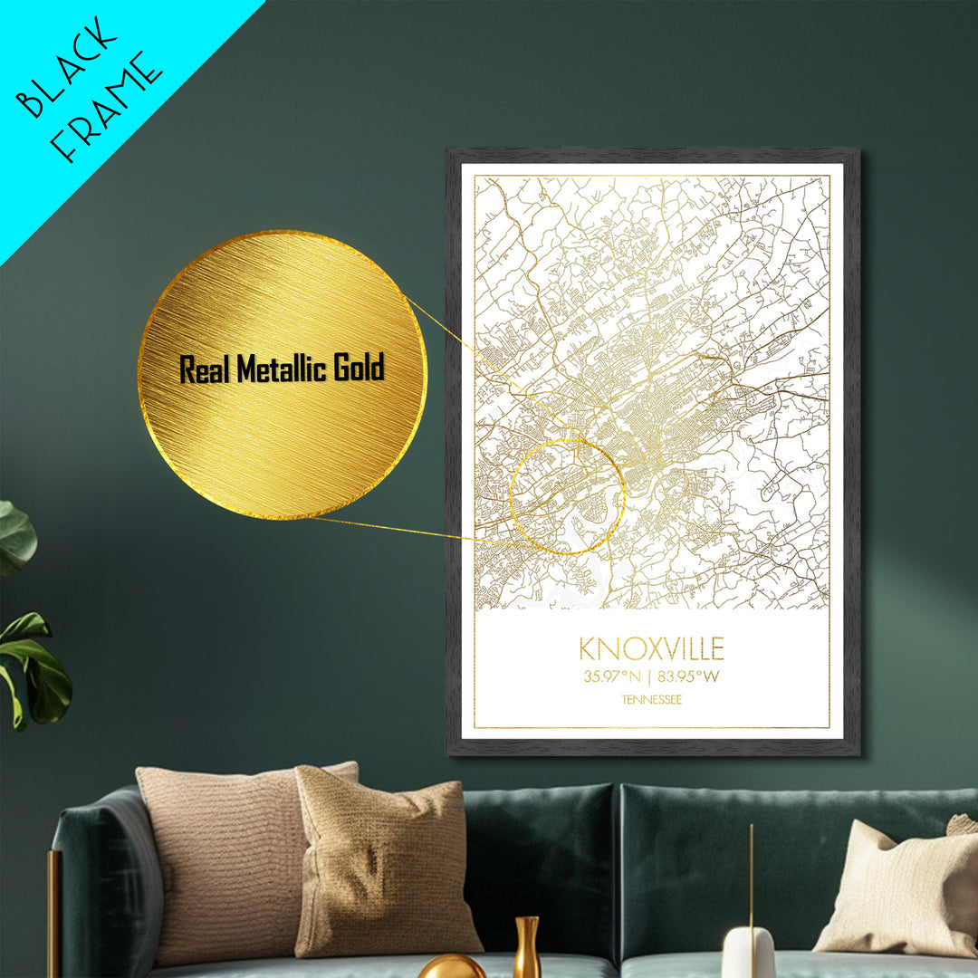 Knoxville Tennessee City Poster, Metallic Gold Art, Metal Art, real wood frames, black and gold, Map Art, Best Friend Gifts