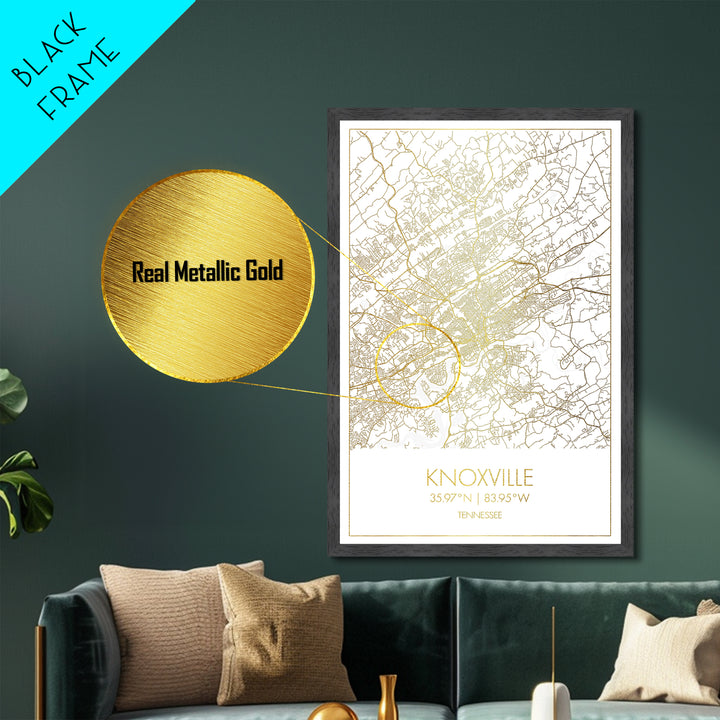 Knoxville Tennessee City Poster, Metallic Gold Art, Metal Art, real wood frames, black and gold, Map Art, Best Friend Gifts