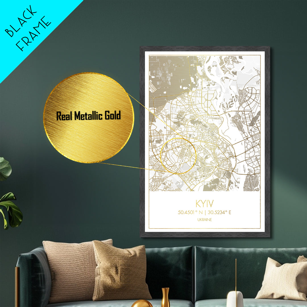 Kyiv Ukraine City street map, Metallic Gold Print, Metal Art, wood framed map, black and gold, Gold Street Map Art, Modern Wall Art