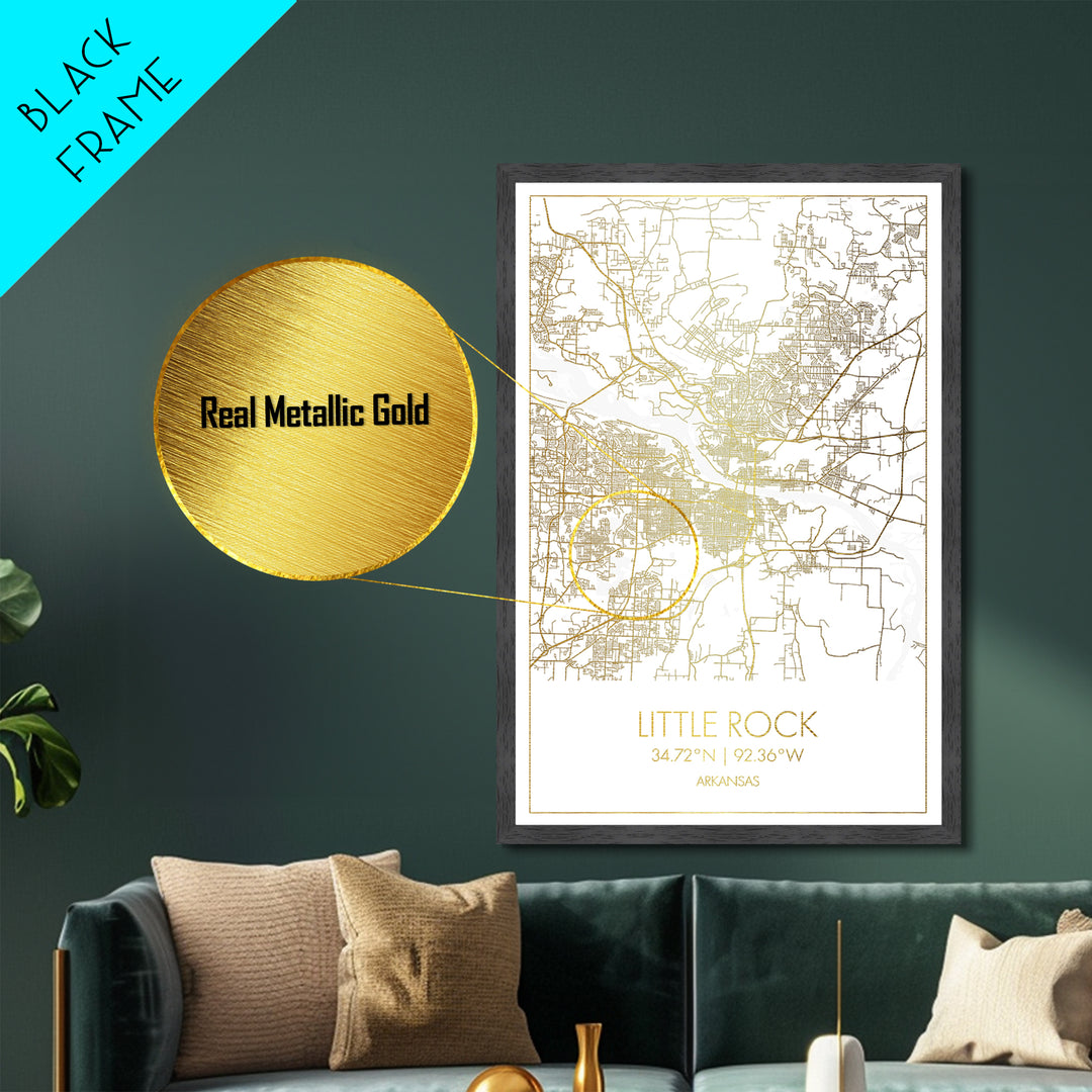 Little Rock Arkansas City Poster, Metallic Gold Art, Metal Art, real wood frames, black and gold, Map Art, Best Friend Gifts