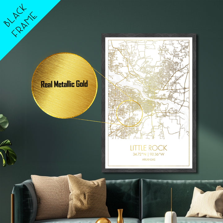 Little Rock Arkansas City Poster, Metallic Gold Art, Metal Art, real wood frames, black and gold, Map Art, Best Friend Gifts