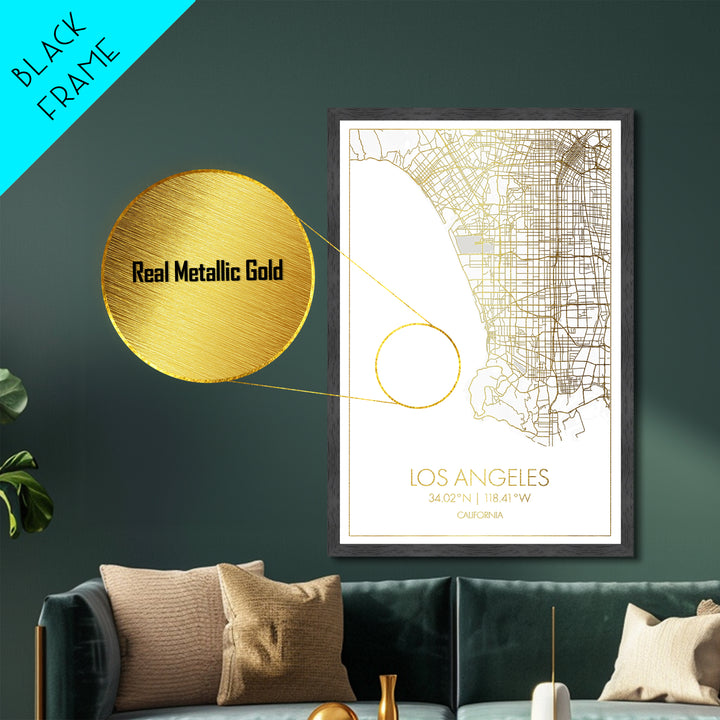 Los Angeles California City street map, Metallic Gold Print, Metal Art, wood framed map, black and gold, Street Map Art, Office Decor