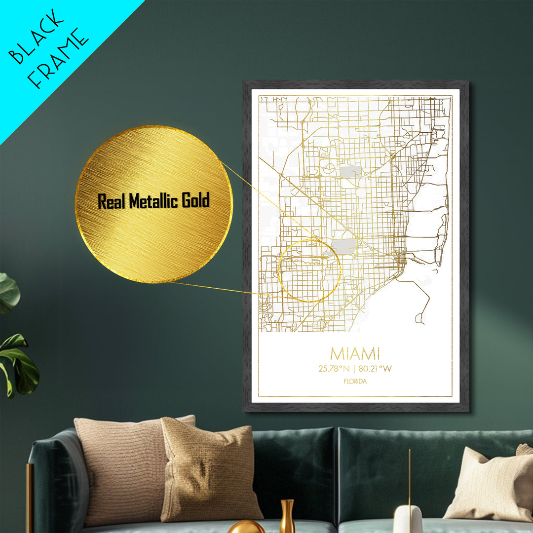 Miami Florida City street map, Metallic Gold Print, Metal Art, wood framed map, black and gold, Gold Street Map Art, Modern Wall Art