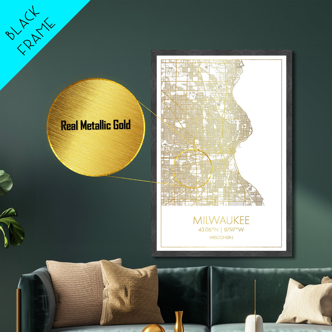 Milwaukee Wisconsin City street map, Metallic Gold Print, Metal Art, wood framed map, black and gold, Street Map Art, Office Decor