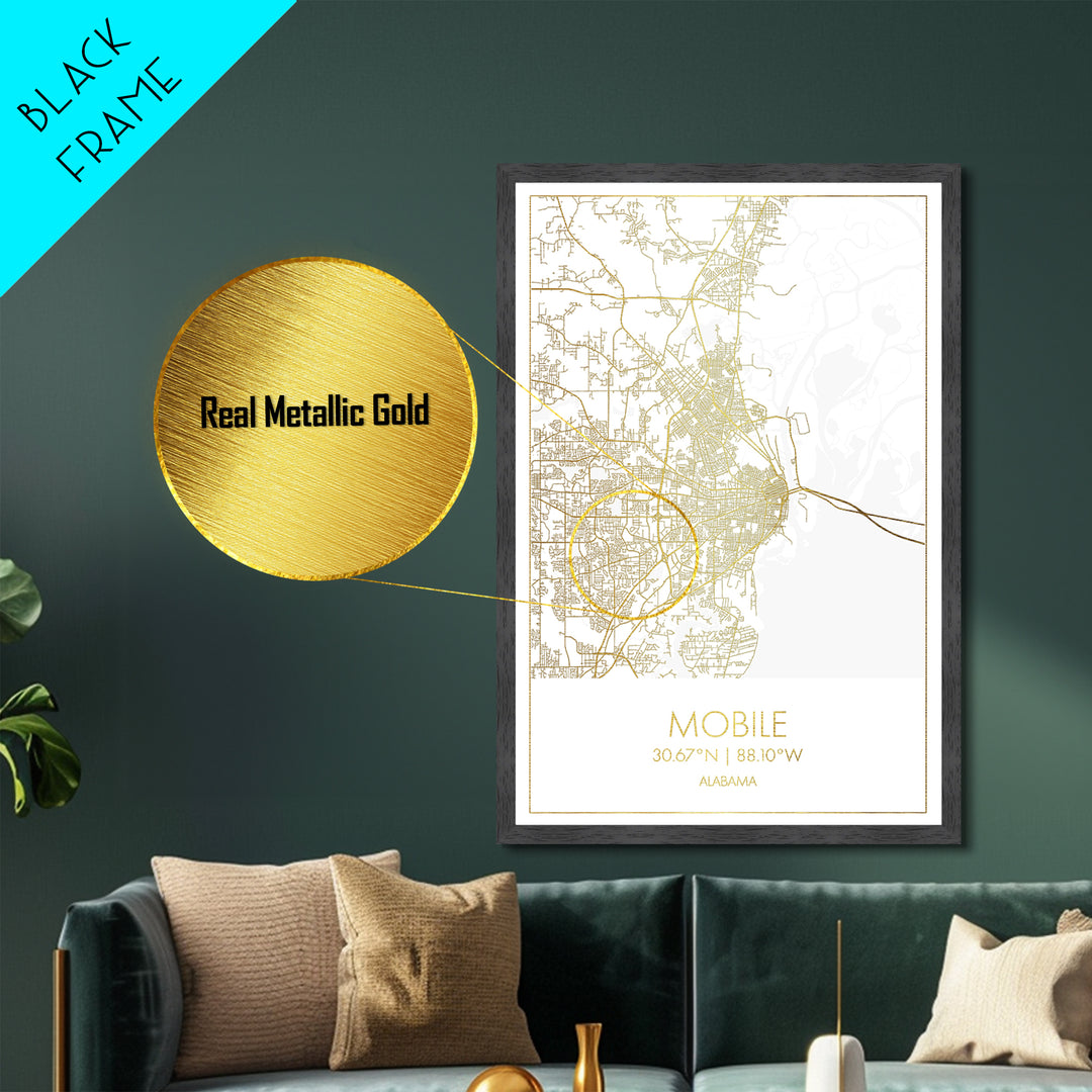 Mobile Alabama City street map, Metallic Gold Print, Metal Art, wood framed map, black and gold, Gold Street Map Art, Modern Wall Art