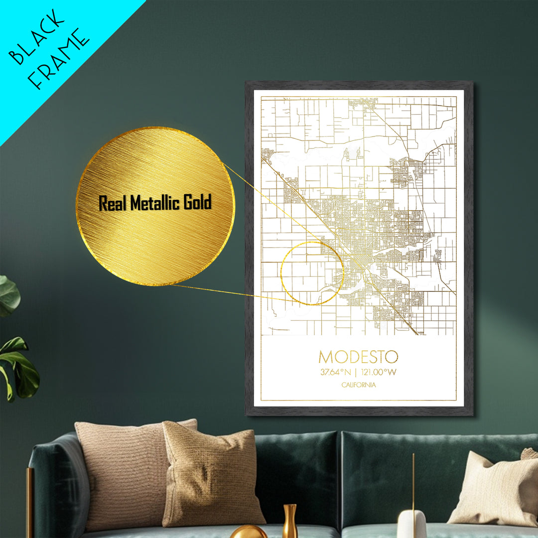 Modesto California City Poster, Metallic Gold Art, Metal Art, real wood frames, black and gold, Minimalist Wall Art, Map Print Poster