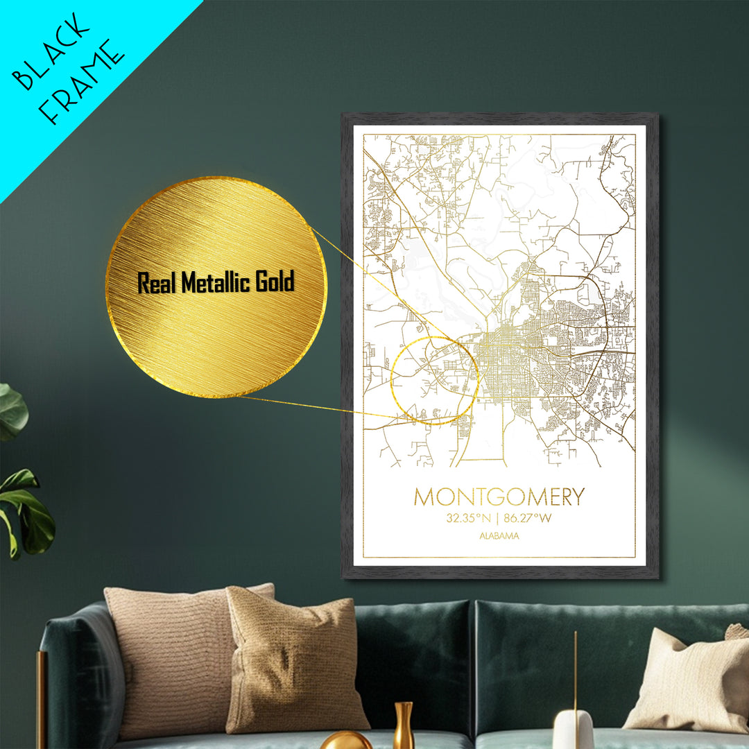 Montgomery Alabama City street map, Metallic Gold Print, Metal Art, wood framed map, black and gold, Street Map Art, Office Decor