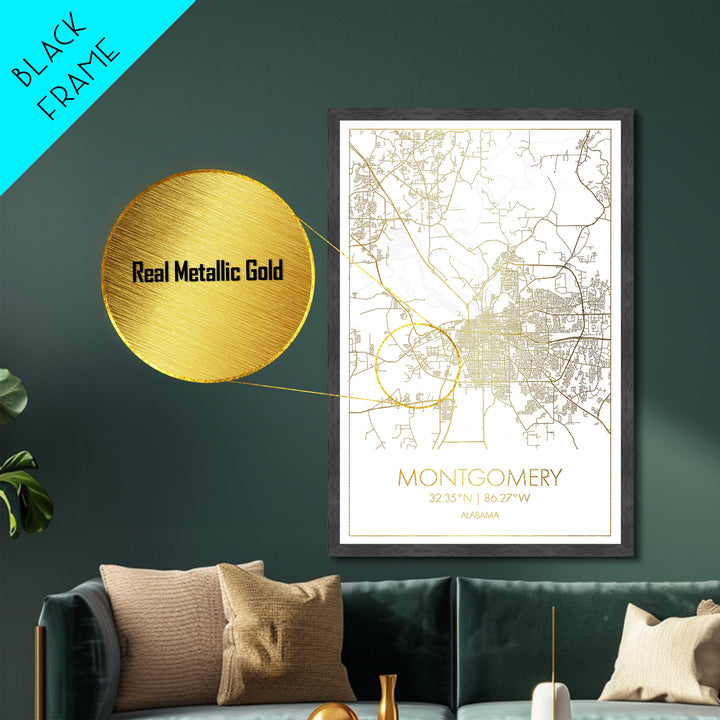 Montgomery Alabama City street map, Metallic Gold Print, Metal Art, wood framed map, black and gold, Street Map Art, Office Decor