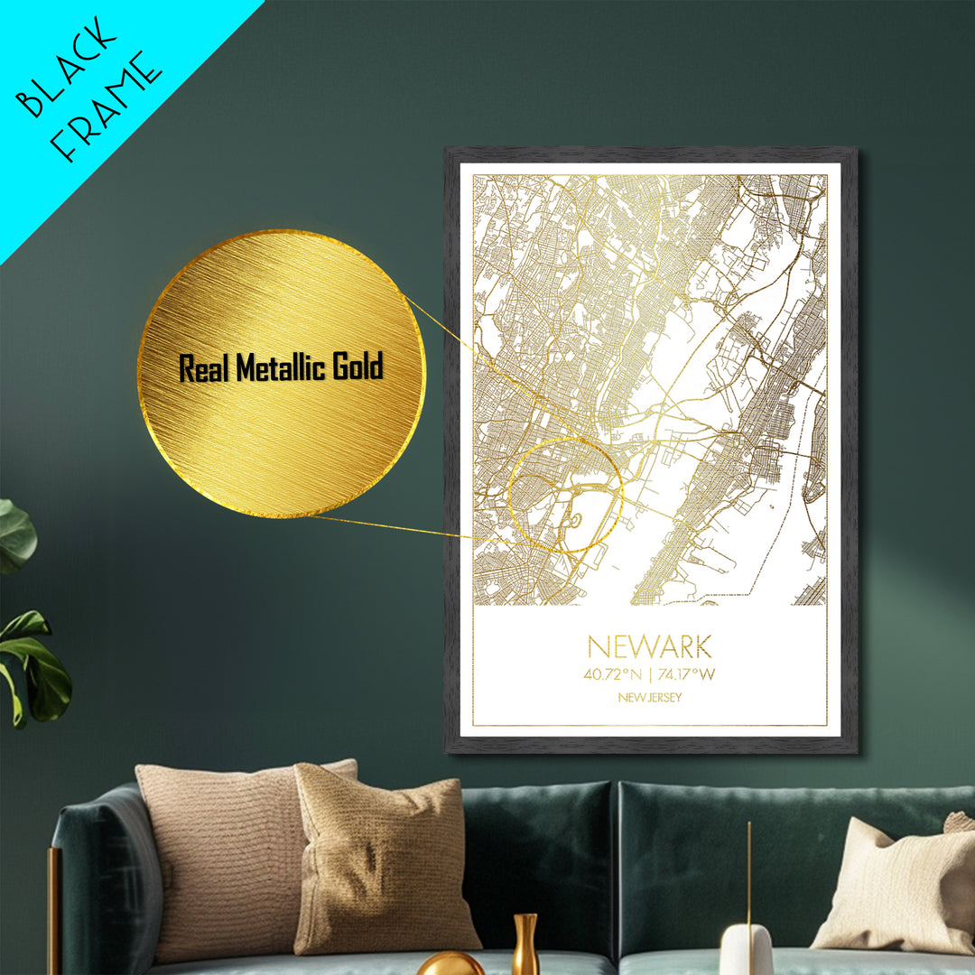 Newark New Jersey City Poster, Metallic Gold Art, Metal Art, real wood frames, black and gold, Map Art, Best Friend Gifts