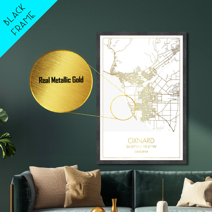 Oxnard California City Poster, Metallic Gold Art, Metal Art, real wood frames, black and gold, Minimalist Wall Art, Map Print Poster