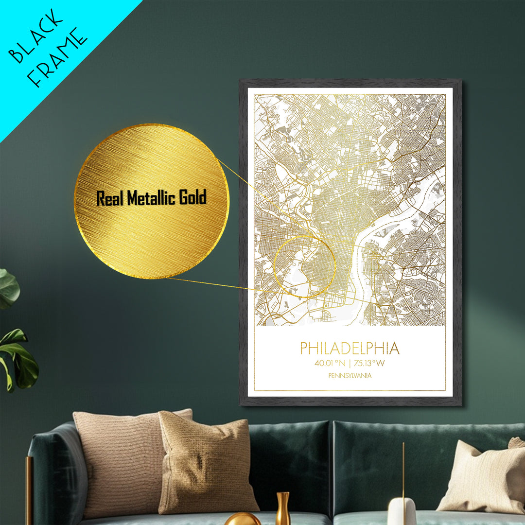 Philadelphia Pennsylvania City Poster, Metallic Gold Art, Metal Art, real wood frames, black and gold, Minimalist Wall Art, Map Print Poster