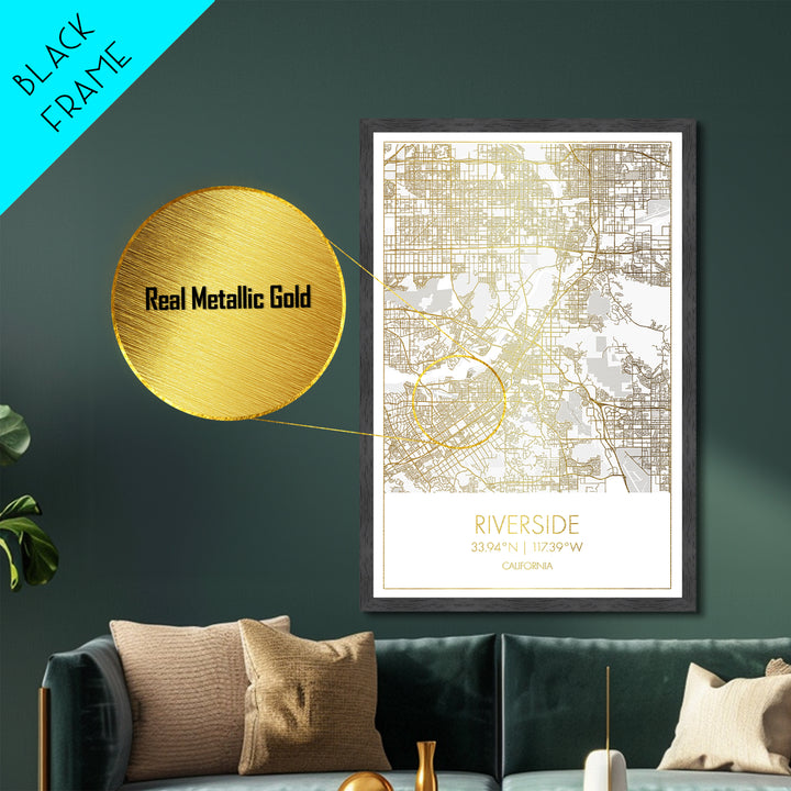 Riverside California City Poster, Metallic Gold Art, Metal Art, real wood frames, black and gold, Modern House Art, Office Decor