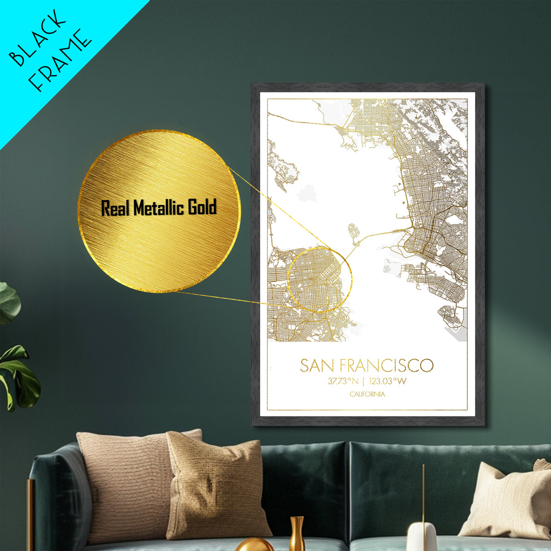 San Francisco California City Poster, Metallic Gold Art, Metal Art, real wood frames, black and gold, Gold Street Map Art, Best Friend Gifts